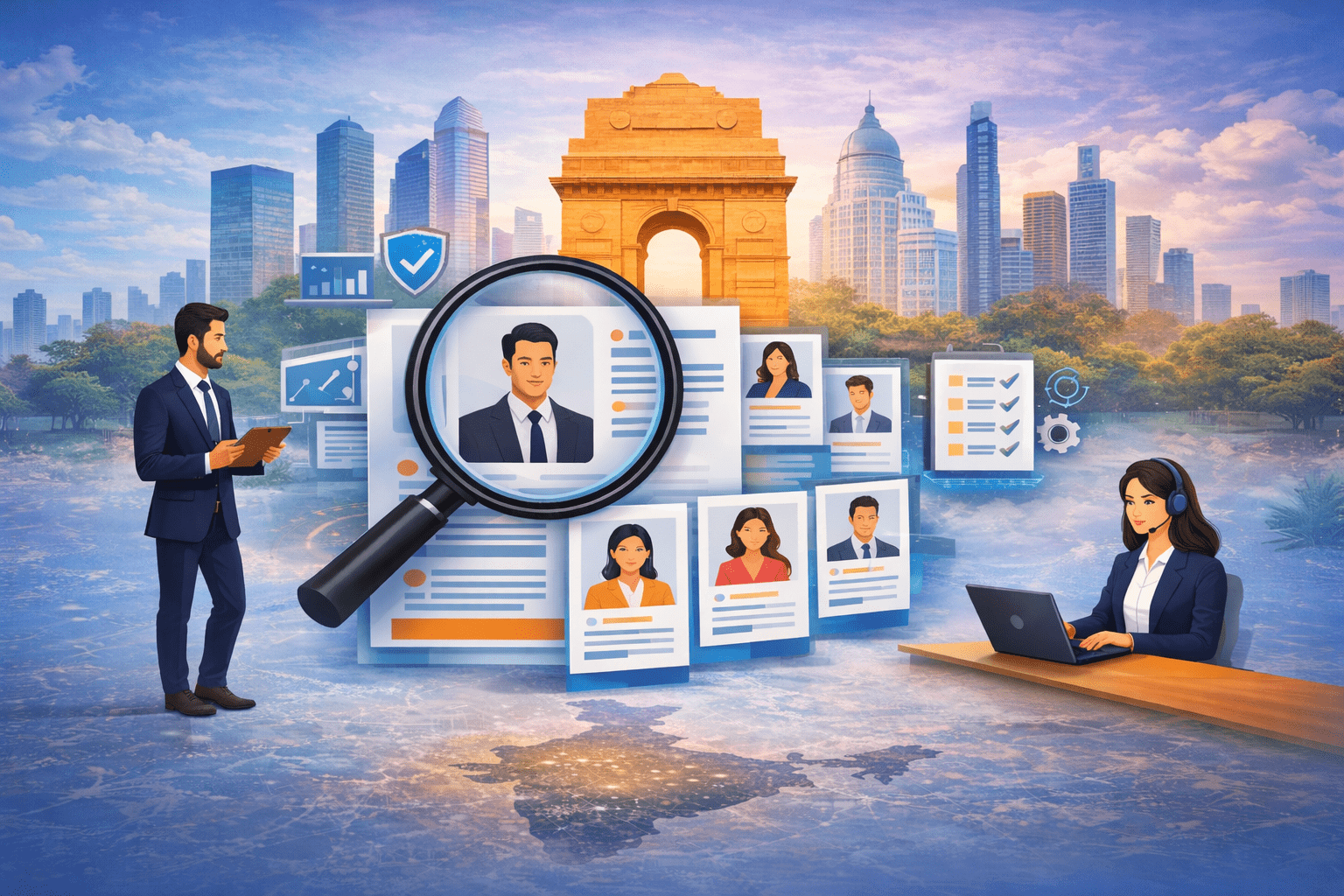 GCCs staffing expert recruiting talent for GCCs in India with modern business and hiring process illustration